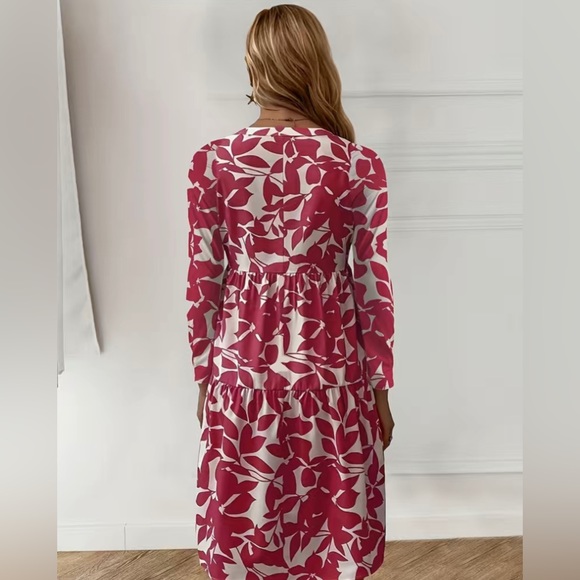 NWT Fall Long Sleeve Plant Print Dress in White and Burgundy Red Color. - Picture 2 of 13